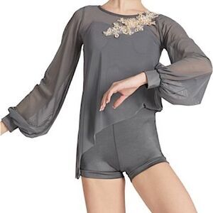WEISSMAN Dance Costume gray mesh poet sleeve Come Fly With Me 12297 SA adult